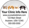 Circle veterinary sticker featuring two cats and two dogs peeking over a divider above customizable clinic contact information.

