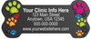 Bone-shaped veterinary sticker featuring colorful paw prints on a dark background with customizable clinic contact information.

