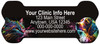 Bone-shaped veterinary sticker featuring colorful dog and cat portraits on a black background with customizable clinic contact information.

