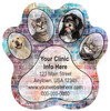 Paw print veterinary sticker featuring dog and cat portraits in the paw pads with a colorful brick wall background and customizable clinic information.

