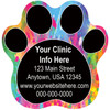 Paw print veterinary sticker featuring a colorful paint splash background, black paw pads, and customizable clinic contact information in the center.

