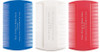 Red, white, and blue personalized pet combs with centered silver vertical imprint displaying a clinic name, phone number, and website address within the custom imprint area.

