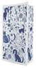 A flat bottom bag with a white background features a detailed pattern of blue illustrations of cats, dogs, birds, flowers, and leaves arranged in a decorative, whimsical design.

