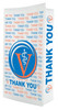 A flat bottom bag with a white background features a repeating pattern of blue and orange “THANK YOU” text, along with a large veterinary symbol (a “V” with a medical staff) centered on the front.

