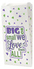 White paper bag with scattered purple and green hearts and the text “BIG or small we Love them ALL!”

