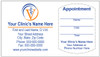 Veterinary sticker appointment business card with blue and orange veterinary symbol logo, clinic information area, and peel-off appointment reminder section.

