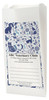 White standard veterinary prescription bag with a blue monochrome pattern of illustrated dogs, cats, flowers, and decorative shapes, plus a centered write-on panel for clinic details.