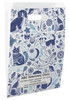 White die-cut handle paper bag featuring a blue illustrated pattern of dogs, cats, birds, flowers, hearts, and botanical elements.