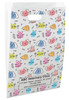 White die-cut handle paper bag featuring colorful cat and dog faces, hearts, paw prints, bones, and fishbone graphics in a repeating pattern.

