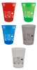 Personalized pet food measuring cup with multiple cartoon cat face illustrations surrounding a custom clinic information area. Paw print accents frame the design, with black or white imprint options shown on various cup colors.

