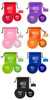 Personalized Pet Play Kit available in red, purple, pink, orange, green, blue, and black color options featuring the message "BIG or small we love them all!" with animal silhouettes on a drawstring bag, collapsible pet bowl, silicone flier, and pet waste dispenser.

