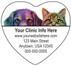 Heart-shaped veterinary sticker featuring colorful dog and cat portraits above personalized clinic contact information and paint splash artwork.

