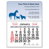 Veterinary clinic mini calendar with blue horse, dog, and cat silhouettes, fence background, personalized clinic information area, and monthly calendar with red and black date numbers.


