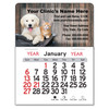 Golden retriever puppy and orange tabby kitten sitting in a basket against a rustic wood plank background with customizable veterinary clinic information and monthly mini calendar.

