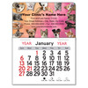 Mini calendar with multiple dog and cat portraits surrounding a customizable veterinary clinic imprint area on a peach and pink background above a monthly calendar pad.

