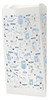 Veterinary prescription bag with blue illustrations of cats, dogs, paw prints, bones, and text like “MEOW,” “WOOF,” “BARK,” and “ARF” in a playful pattern on a white background. BAG21.
