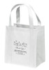 Simple thank you design with line drawings of a dog and cat playing above flowers, featuring the text “Thank You!” and sample veterinary clinic details including name, address, phone number, and website on the non woven tote bag.