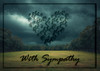 Dark cloudy sky over an open field with a heart shape formed by multiple paw prints and the words “With Sympathy” in bold script at the bottom.