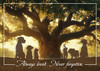 Silhouetted dogs and cats gathered beneath a large tree glowing in golden sunlight with the phrase “Always loved. Never forgotten.” displayed across the bottom.