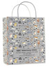 White handled veterinary prescription bags showing a repeating pattern of illustrated dogs and cats with paw prints, bones, and “WOOF!”, “MEOW!”, “BARK!” text, with a centered label panel for clinic details.