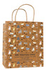 Kraft veterinary handled bag with repeating dog and cat illustration pattern, paw prints, bones, and “WOOF!”, “MEOW!”, “BARK!” text and center label panel