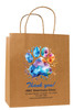 Kraft veterinary handled bag with multicolor paint splash paw print and with Thank you printed above clinic information