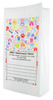 White flat bottom veterinary prescription bag with colorful pet icons including paw prints, bones, hearts, and stars, plus a centered write-on panel for clinic details