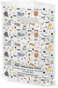 White plastic tote bag with cartoon dogs and cats, paw prints, and pet icons in a repeating pattern.