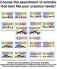Multi-animal veterinary reminder cards in 4-up layout featuring colorful watercolor backgrounds with silhouettes of pets, livestock, and exotic animals