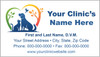Veterinary business card featuring blue dog and cat silhouettes beneath a colorful heart-shaped tree with birds and leaf accents alongside clinic contact information.

