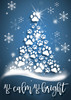 Veterinary holiday greeting card with a blue winter background featuring white snowflakes and a Christmas tree created from dog and cat paw prints. The card displays the message “All Is Calm All Is Bright” in decorative white lettering.