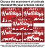 Happy Holidays veterinary greeting card featuring a vibrant red background with white snowflakes and sparkling winter accents. Large white “HAPPY Holidays” lettering appears above assorted animal silhouettes including dogs, cats, horses, livestock, rabbits, rodents, reptiles, and exotic animals.