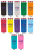 Color chart displaying Personalized Can Coolers - Tall Slim Size in Black, Navy, White, Green, Orange, Red, Yellow, Purple, Royal Blue, Light Blue, Teal, and Pink with a full color "Your Logo" imprint example and veterinary clinic contact information.