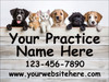 Six puppies and kittens lean over a whitewashed wooden plank sign above large personalized business text, phone number, and website information displayed in bold black lettering.