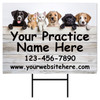 18" x 24" personalized yard sign featuring six puppies and kittens peeking over rustic white wood planks with large black custom text, phone number, website address, and included H-stake.