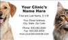 Veterinary business card featuring a dog portrait on the left, cat portrait on the right, and centered clinic contact information on a light gray background.

