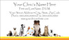Veterinary business card featuring dogs, cats, birds, fish, rabbit, ferret, guinea pig, and mouse on a light gray background with centered contact information.

