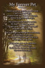 Sympathy insert featuring a sunlit woodland path, trees, dog and cat silhouettes, and the memorial poem titled “My Forever Pet.”

