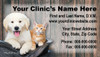 Veterinary business card featuring a puppy and orange tabby kitten in front of a rustic wood plank background with clinic contact information.

