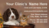 Veterinary business card featuring a brown and white puppy and orange kitten sitting together in a wooden tub against a warm brown background.

