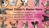 Veterinary business card featuring a border of dog and cat portraits surrounding clinic contact information on a pink and peach gradient background.

