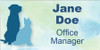 Personalized name tag featuring blue dog and cat silhouettes on a watercolor blue and green background with blue name and title text on the right side.

