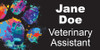 Personalized name tag featuring a large multicolored watercolor paw print with blue, teal, purple, pink, orange, and yellow paint effects on a black background with white name and title text.

