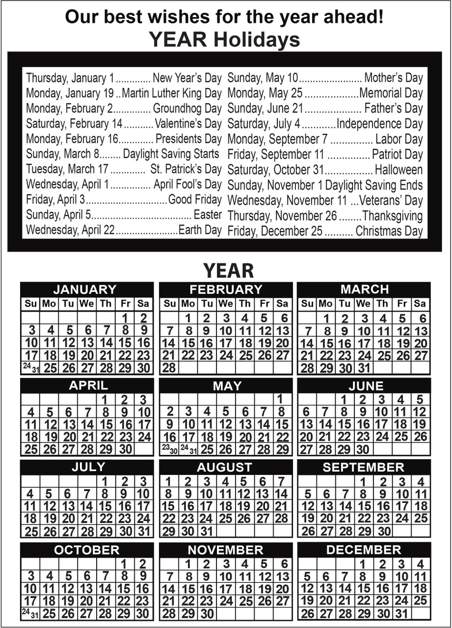 Wide personalized calendar featuring colorful dog and cat portraits on a black background, white year calendar grid, and custom business imprint area at the top.