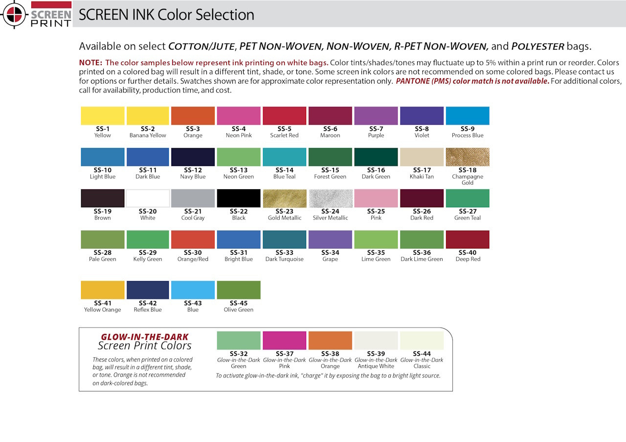 color chart of imprint for fabric bags.