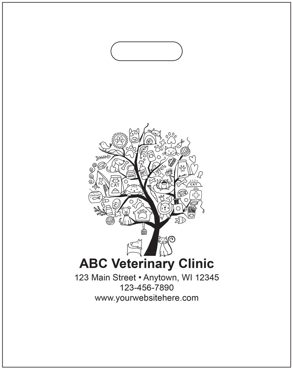 White plastic veterinary tote bag with a die-cut handle featuring a tree-shaped design filled with dogs, cats, paw prints, birds, fish, pet supplies, and veterinary-themed icons. Personalized clinic information is displayed beneath the tree graphic.