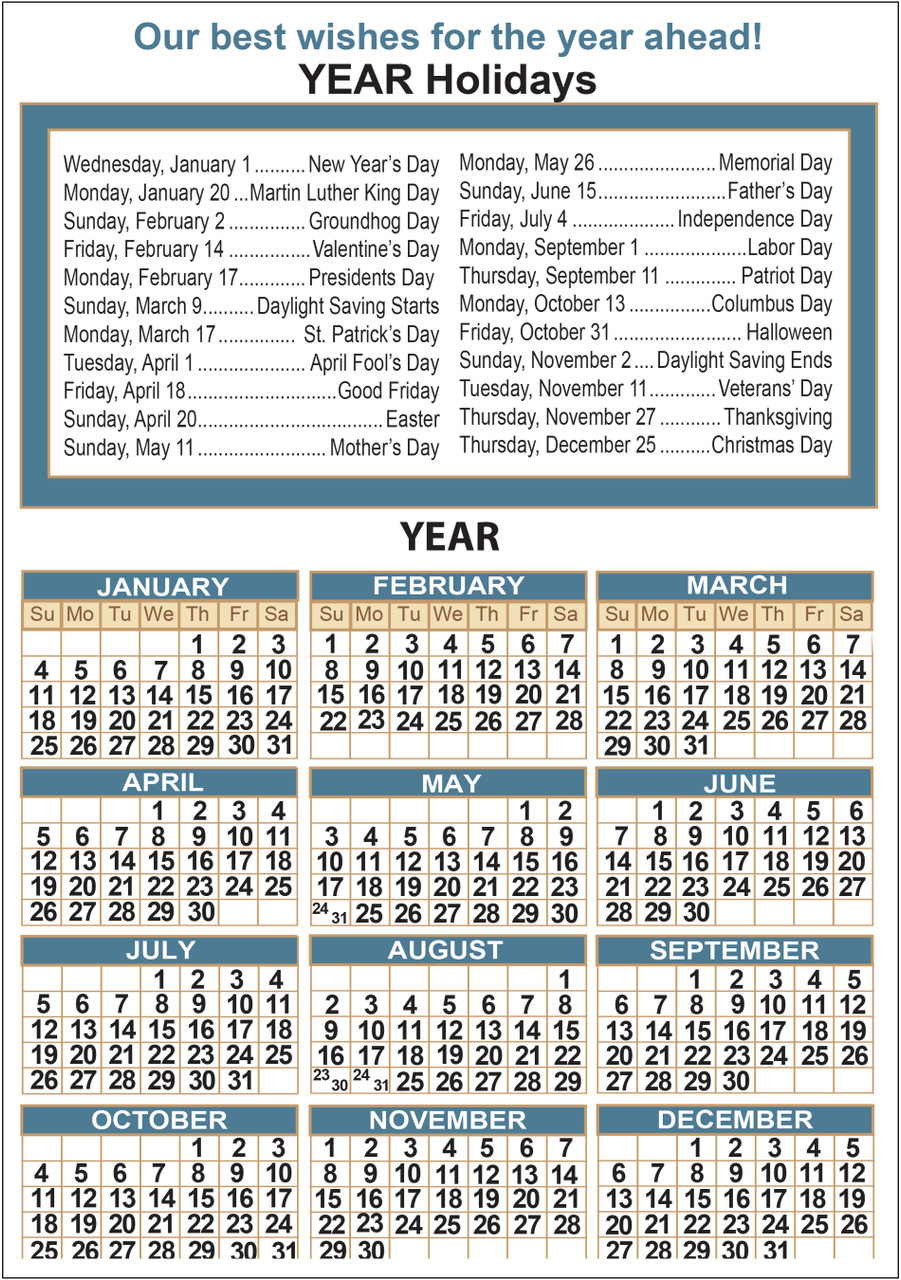Pet photo collage calendar featuring dogs and cats outdoors on a blue textured background with a white personalization area and  yearly calendar.
