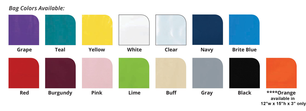 Chart of colors available for bag options.