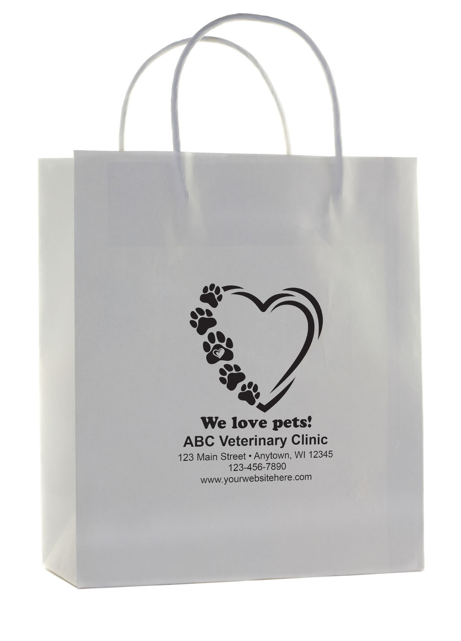 White handled paper bag featuring heart outline and paw print trail with customizable clinic information.
