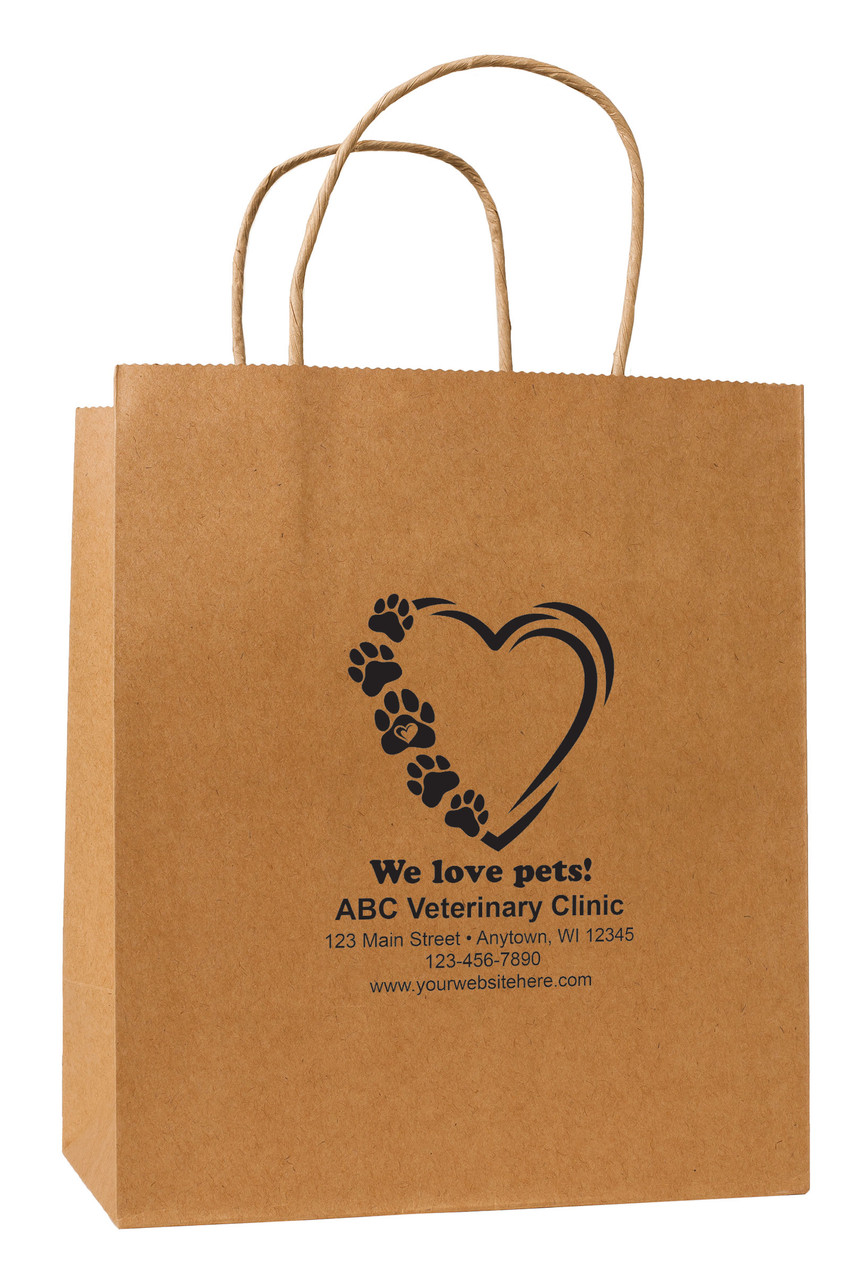 Veterinary kraft paper bag with paw print heart design and personalized clinic details layout.
